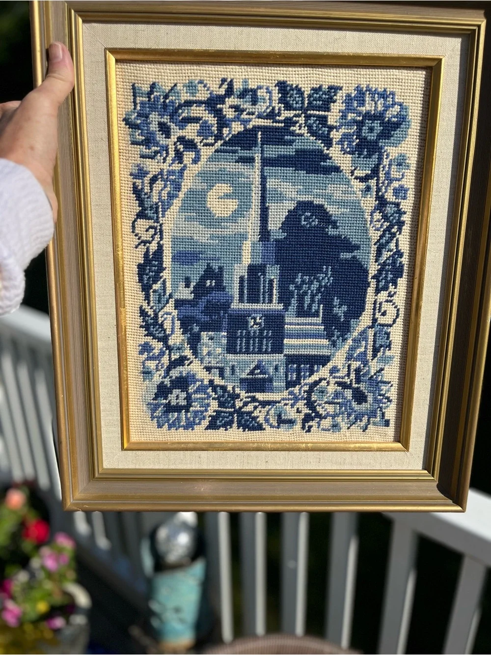 Vintage Gold Framed Blue and White Needlepoint Village Scene